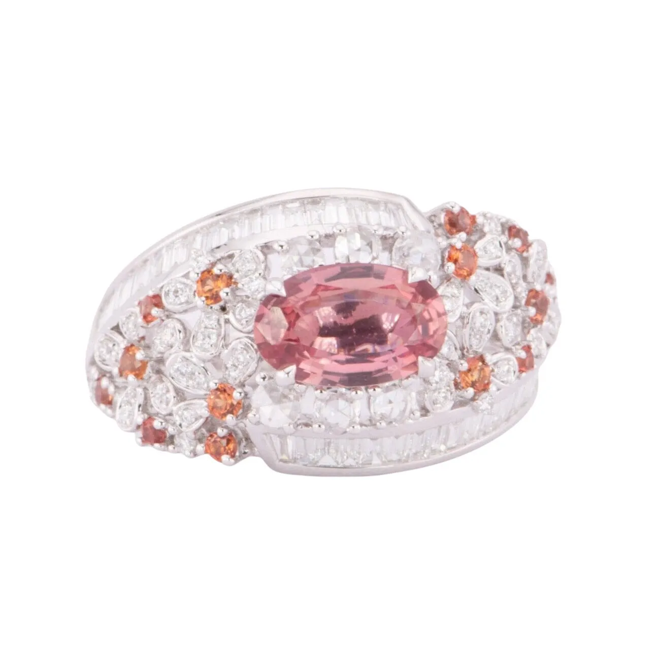 1.12ct Natural Padparadscha Sapphire and Diamond Cluster Ring 18K White Gold R6616