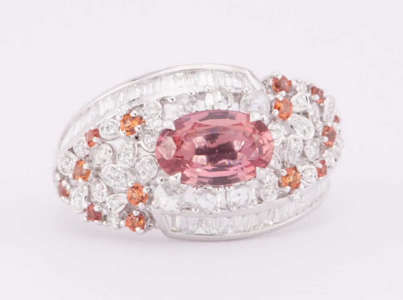 1.12ct Natural Padparadscha Sapphire and Diamond Cluster Ring 18K White Gold R6616