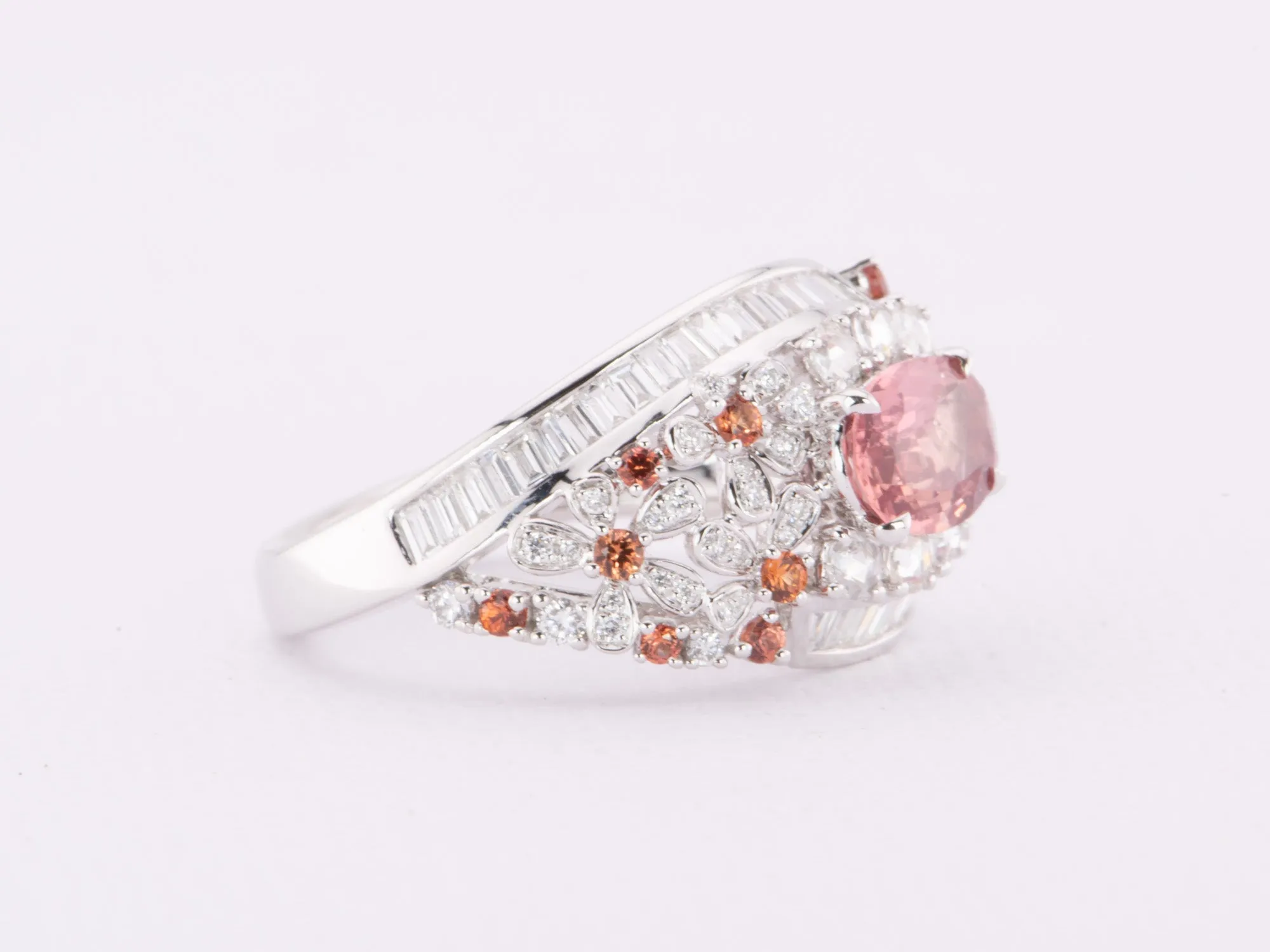 1.12ct Natural Padparadscha Sapphire and Diamond Cluster Ring 18K White Gold R6616