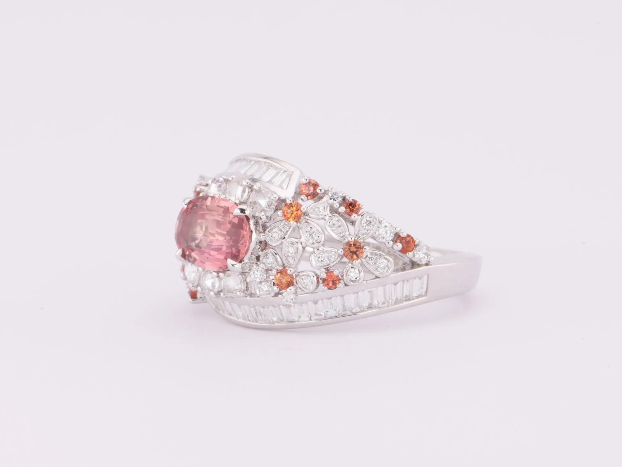 1.12ct Natural Padparadscha Sapphire and Diamond Cluster Ring 18K White Gold R6616