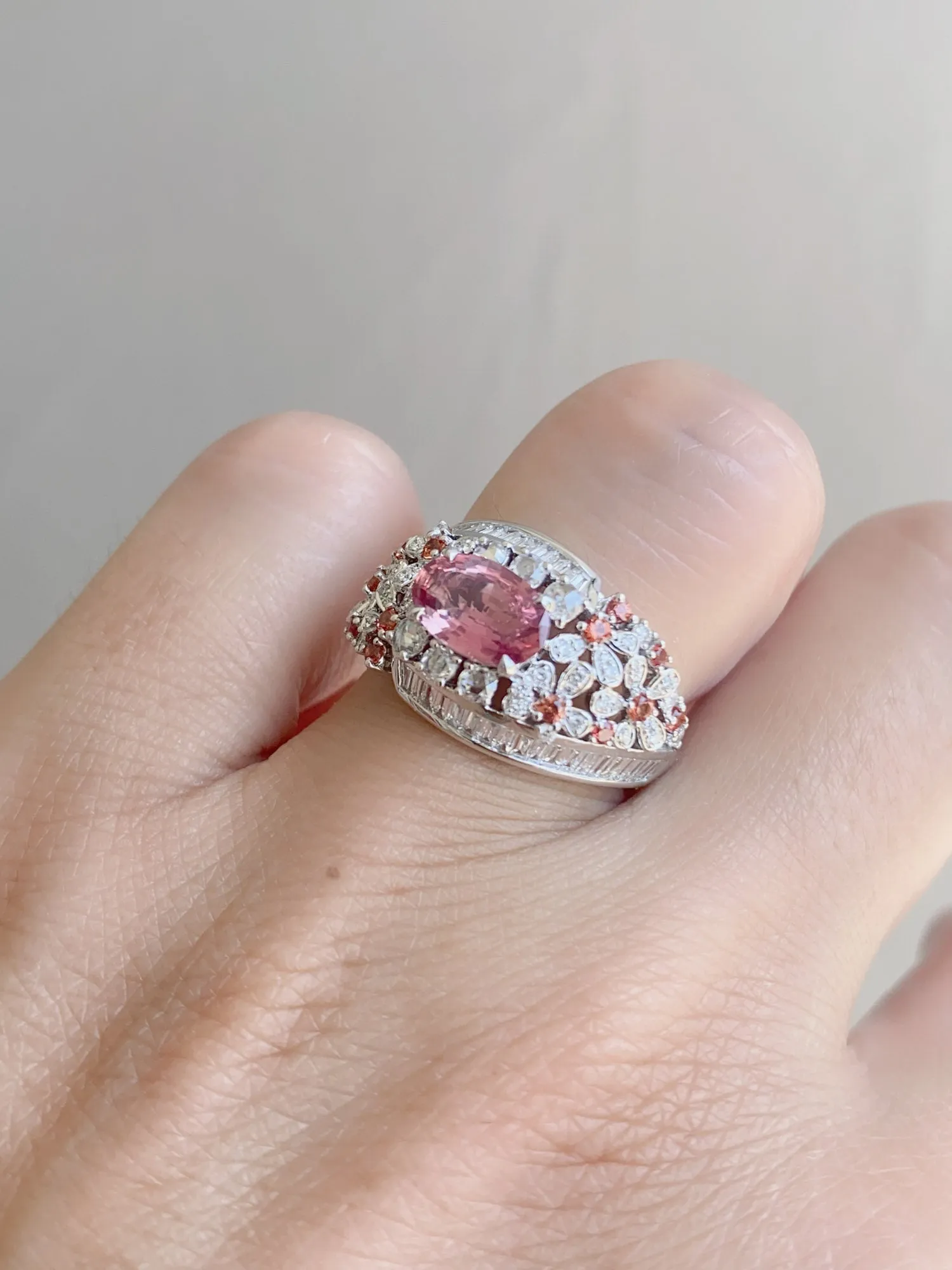 1.12ct Natural Padparadscha Sapphire and Diamond Cluster Ring 18K White Gold R6616