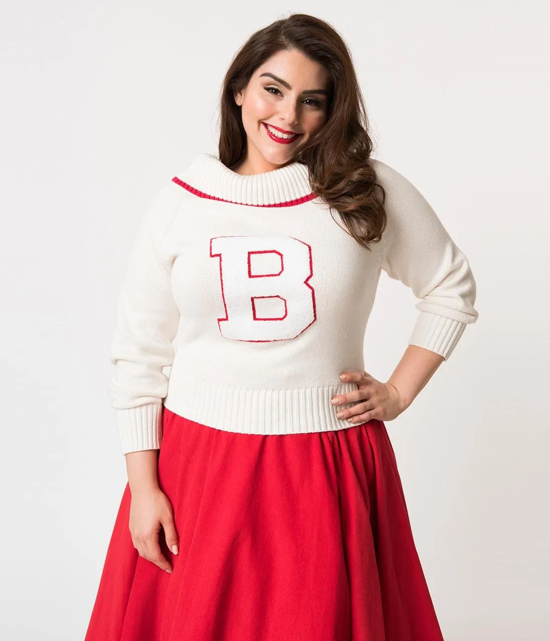 Barbie x Unique Vintage Plus Size White Knit Letterman Sweater