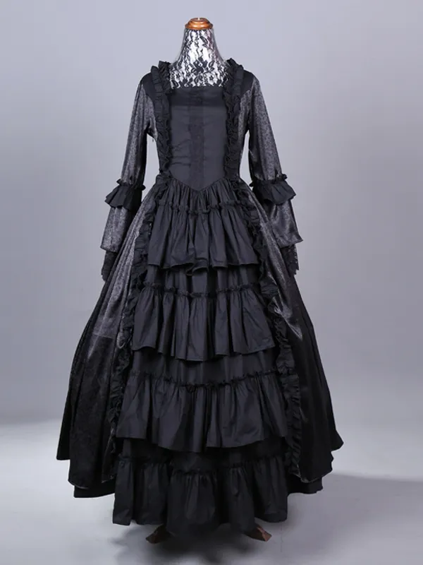 Black Retro Costumes Tiered Polyester Dress Women's Retro Marie Antoinette Costume Set Vintage Clothing