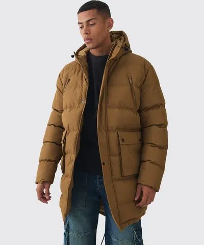 boohoo Mens Mid Length Hooded Puffer Parka In Olive