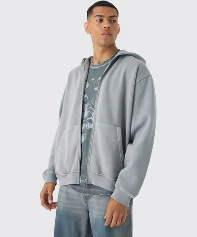 boohoo Mens Oversized Zip Up Acid Wash Hoodie