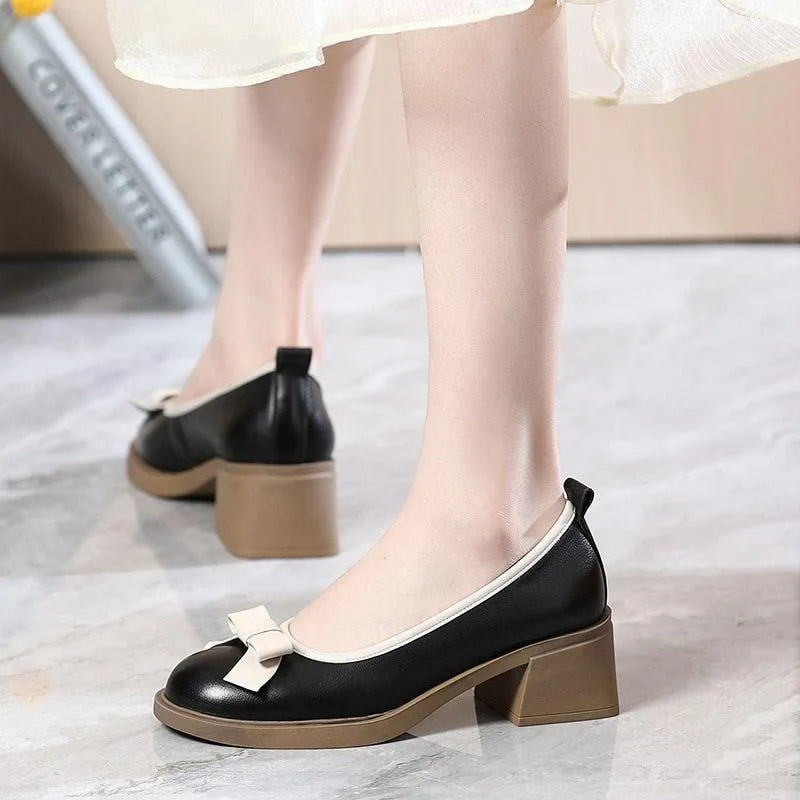 Bow Genuine Leather Fashion Pumps - Women's Casual Shoes DX218