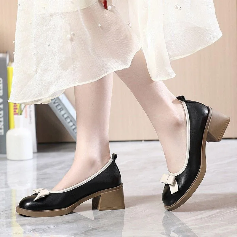 Bow Genuine Leather Fashion Pumps - Women's Casual Shoes DX218