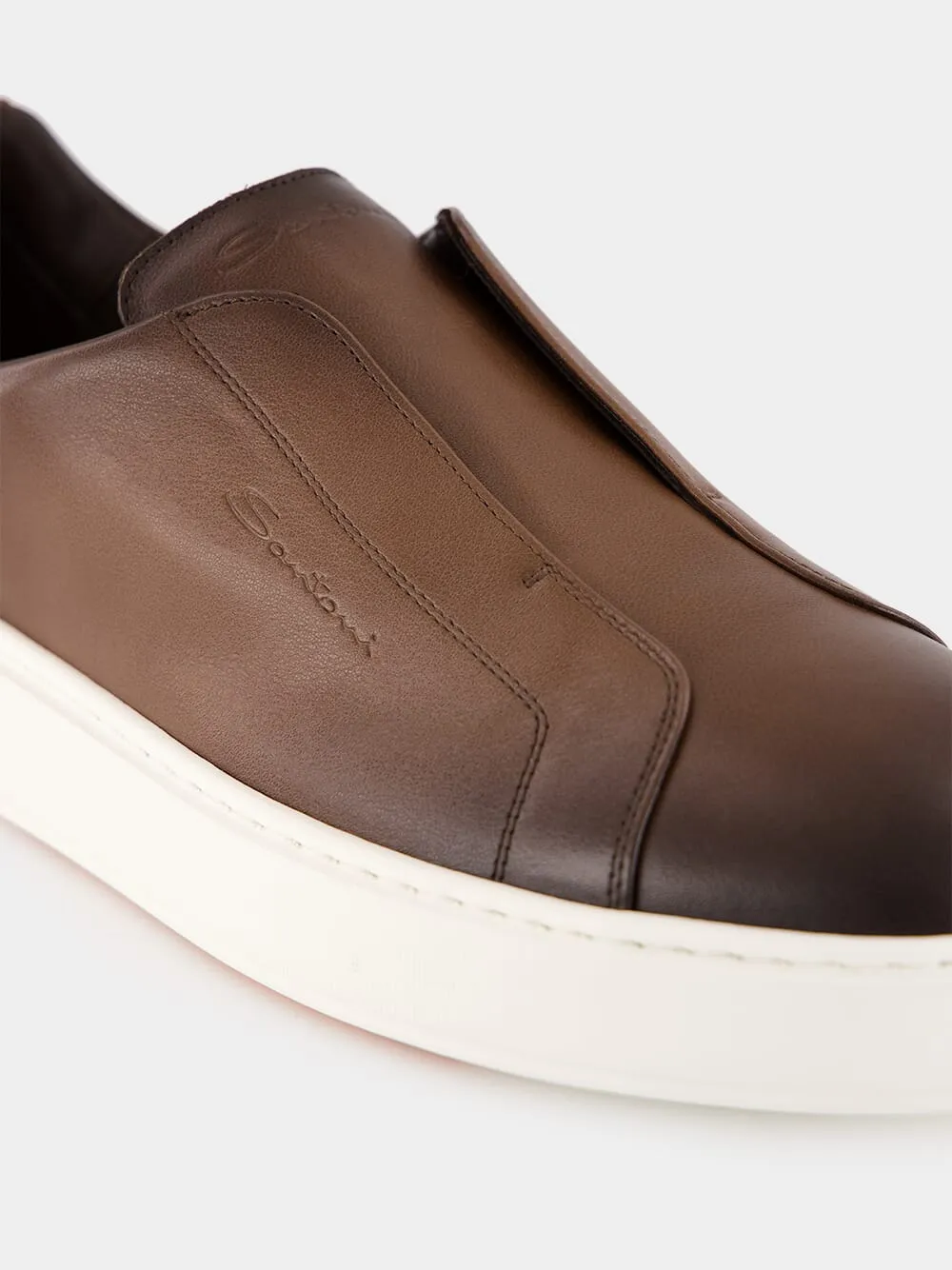 Brown Leather Slip-On Sneakers