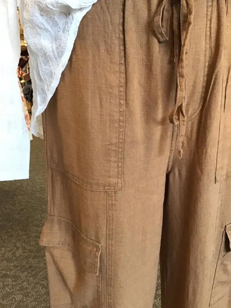 Camel Linen Blend Wide Leg Cargo Pants - S to XL