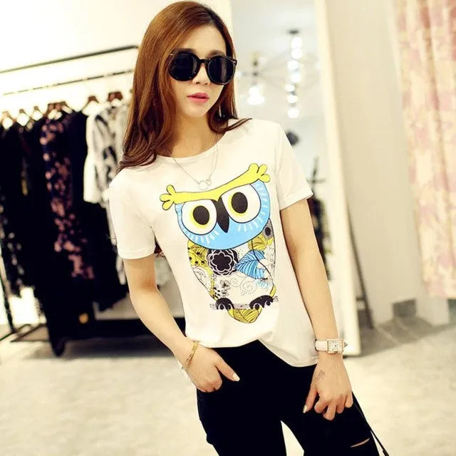 Casual Fashion T-Shirt Women Owl Printed O Neck Tops Short Sleeve T shirt Women tshirts Tops mujeres de la camiseta GS