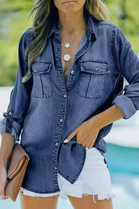 Casual Solid Pocket Turndown Collar Long Sleeve Loose Denim Jacket