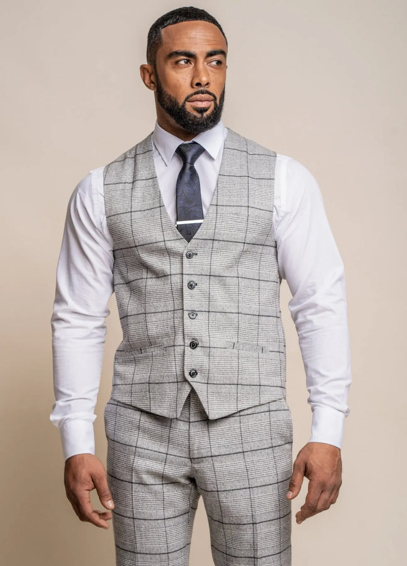 Cavani Ghost Light Grey Check Slim Fit Waistcoat