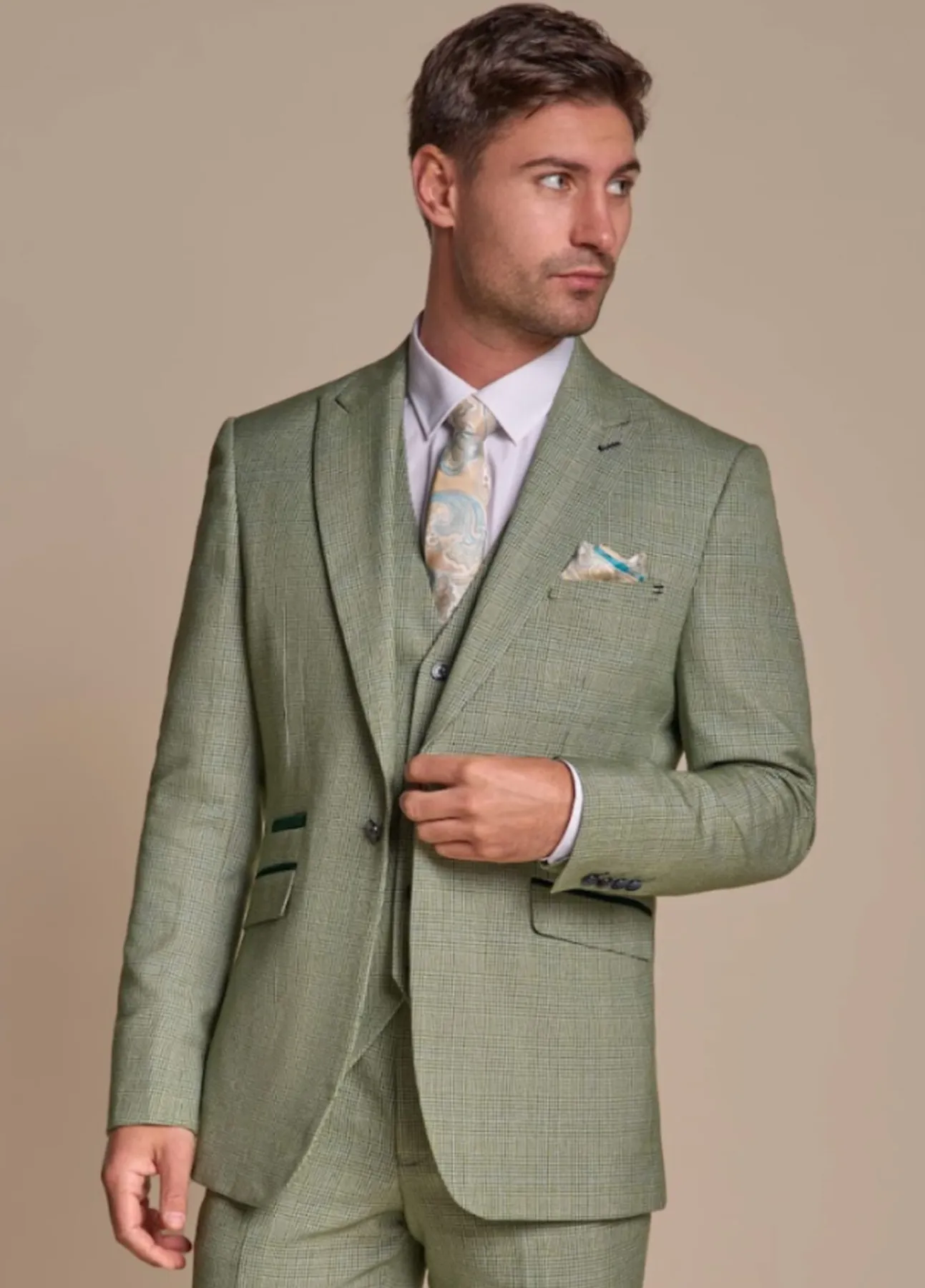 Cavani Sage Green 3 Piece Contrast Suit With Olive Waistcoat