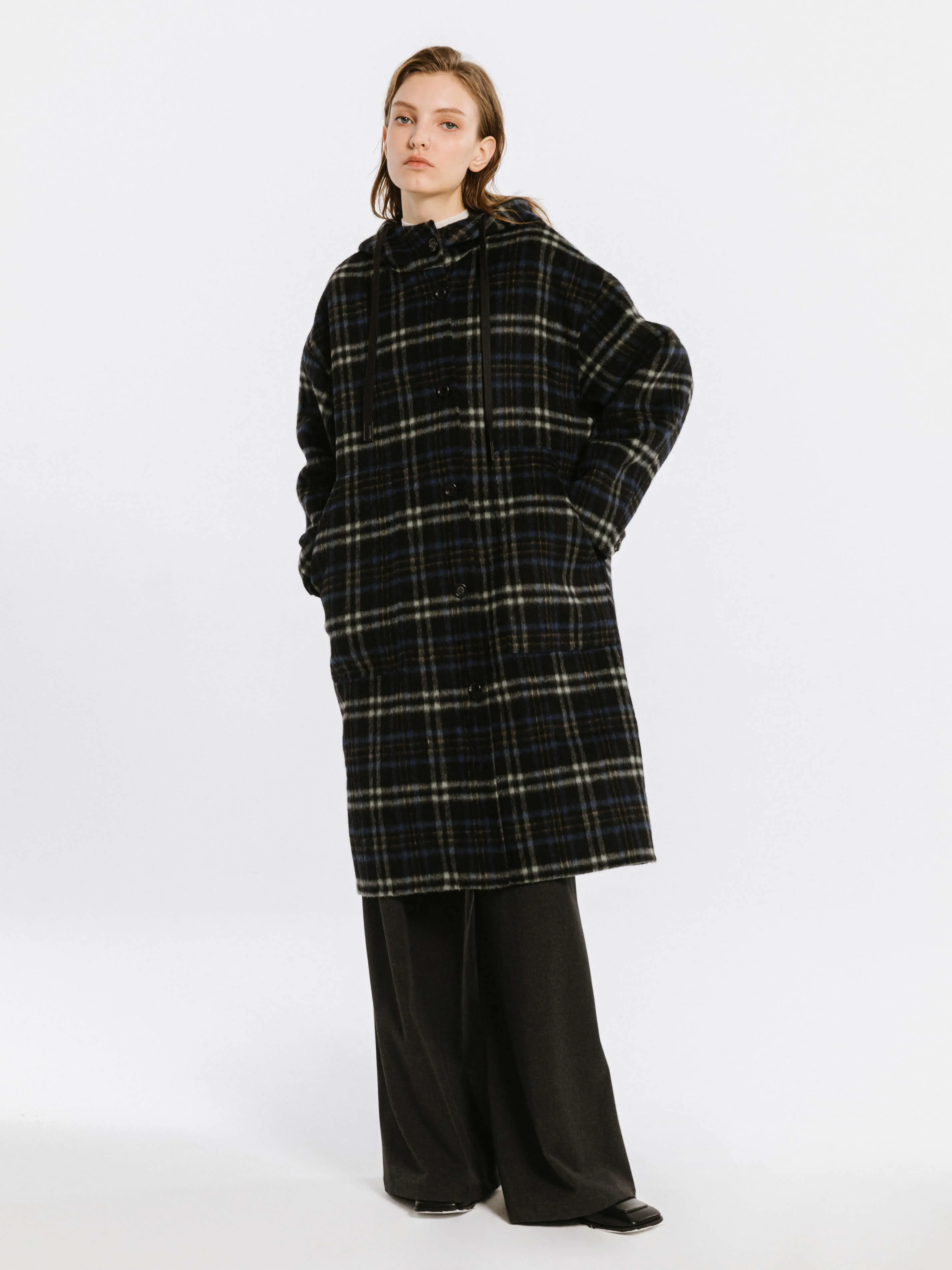 Checked Mid-length Wool Coat with Hood