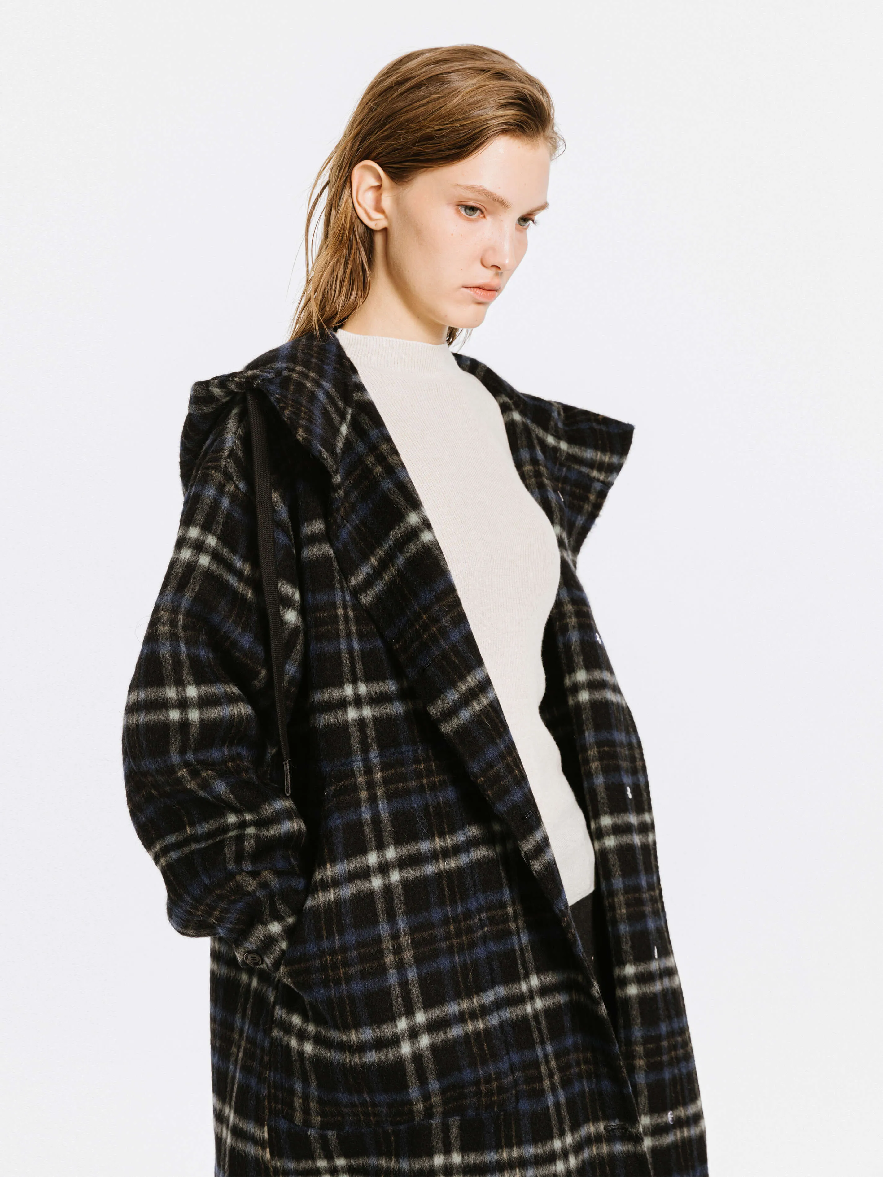 Checked Mid-length Wool Coat with Hood