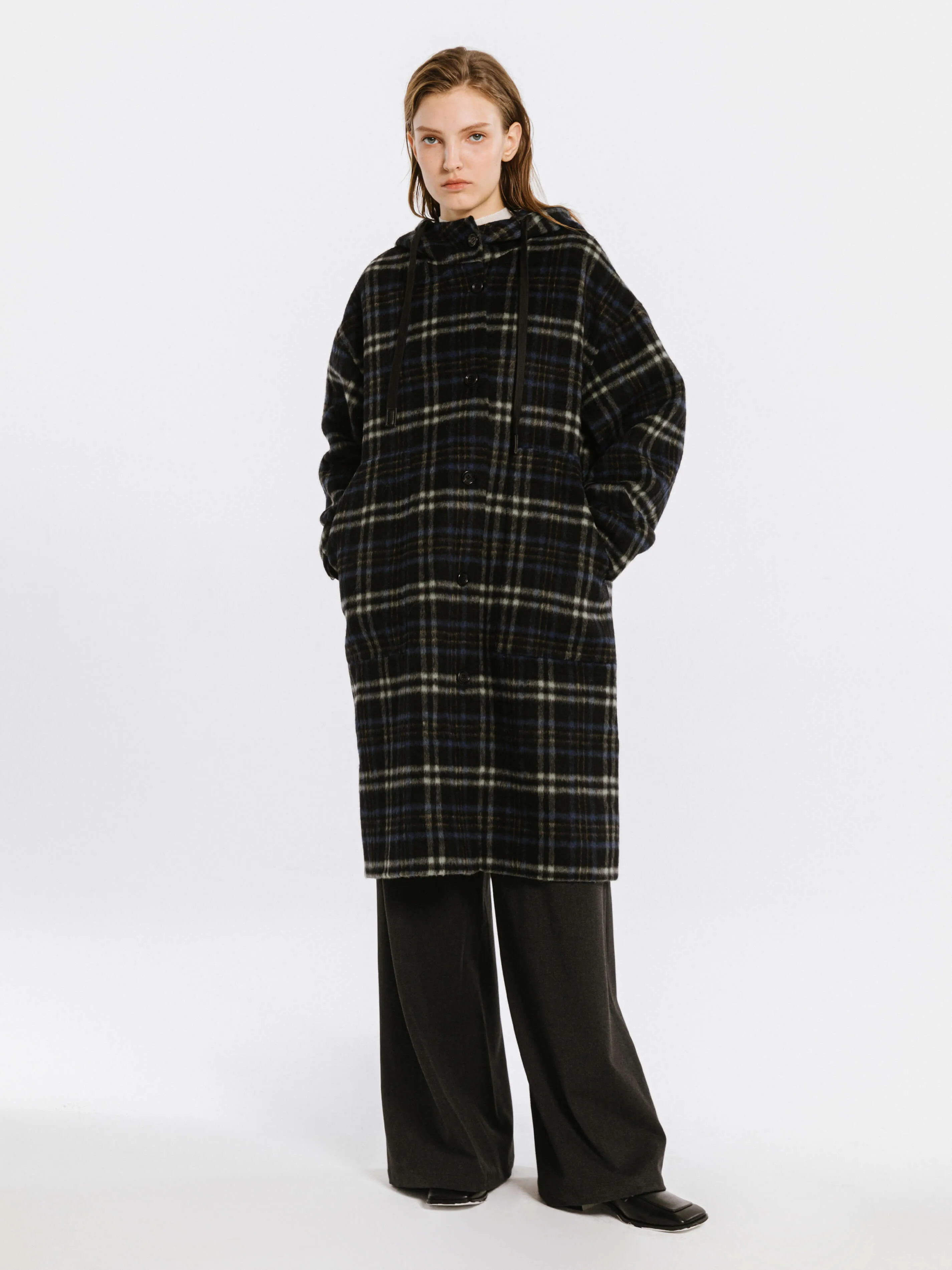 Checked Mid-length Wool Coat with Hood