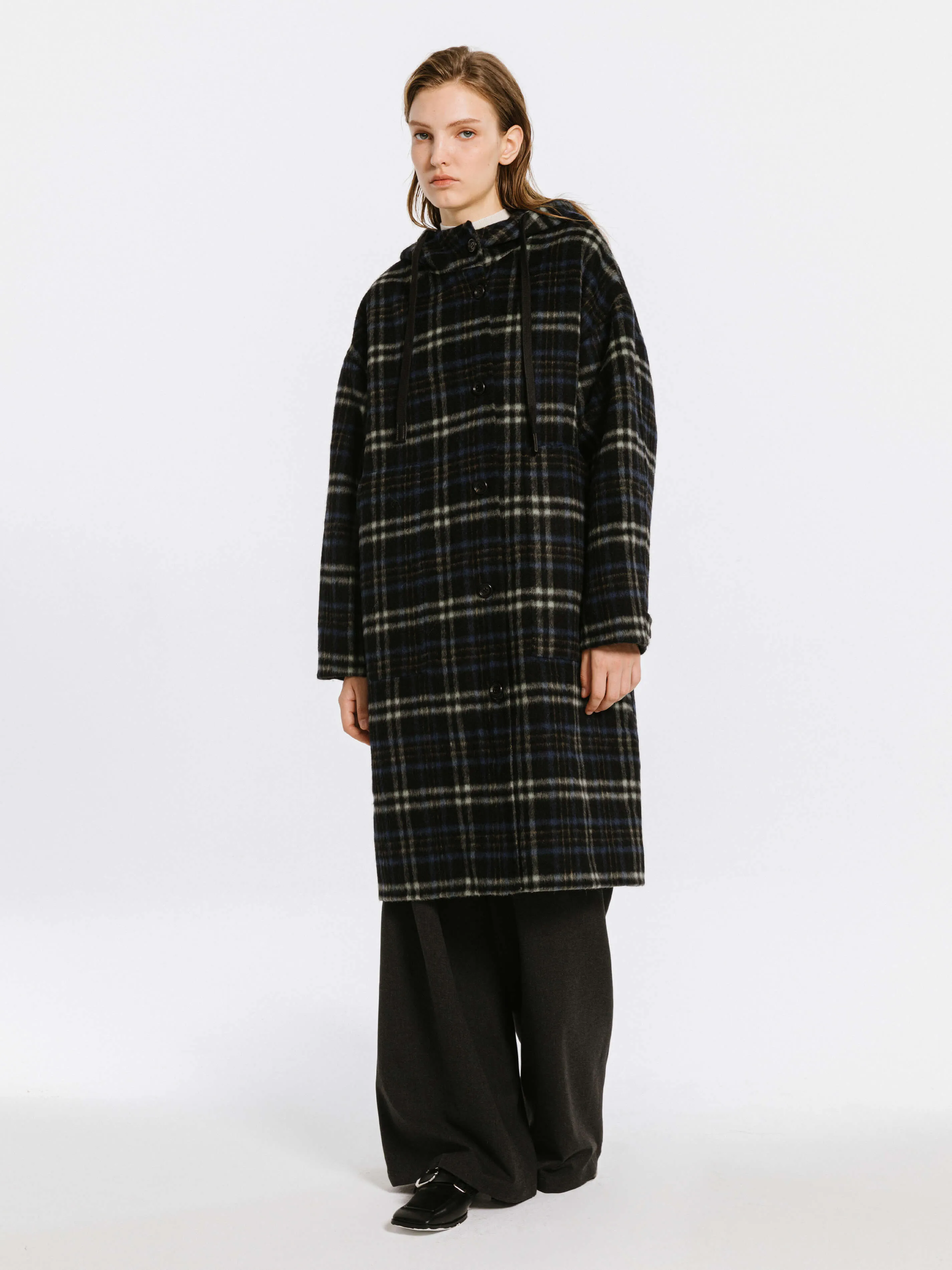 Checked Mid-length Wool Coat with Hood