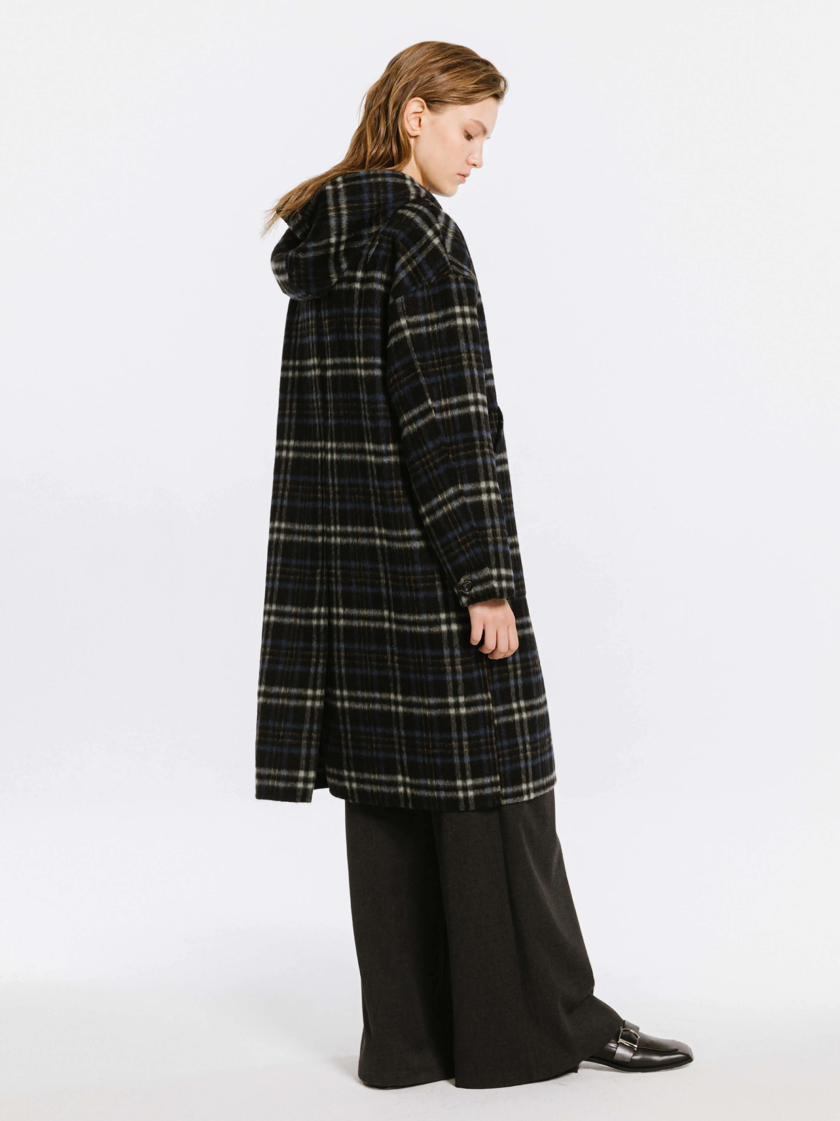 Checked Mid-length Wool Coat with Hood