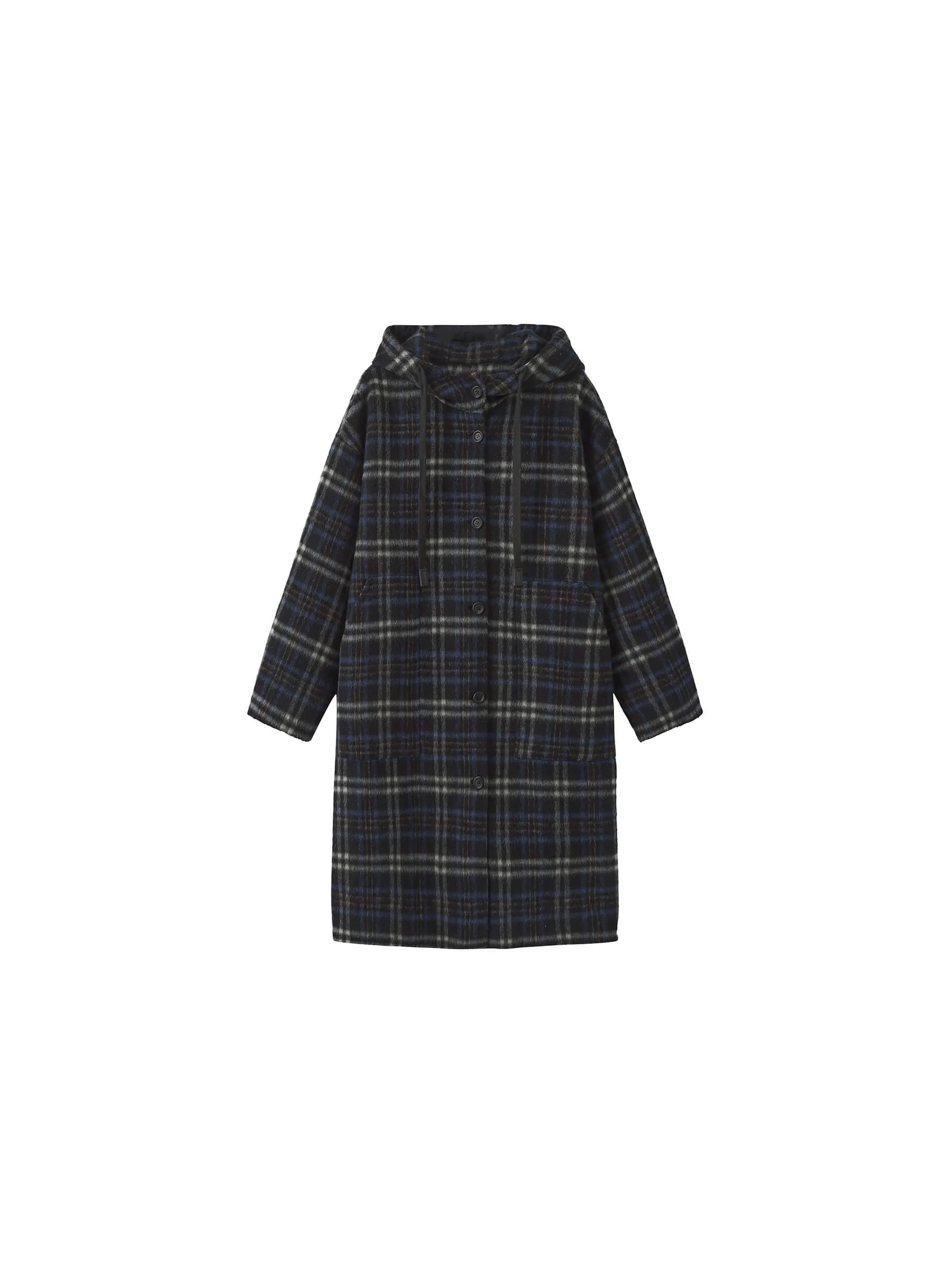 Checked Mid-length Wool Coat with Hood