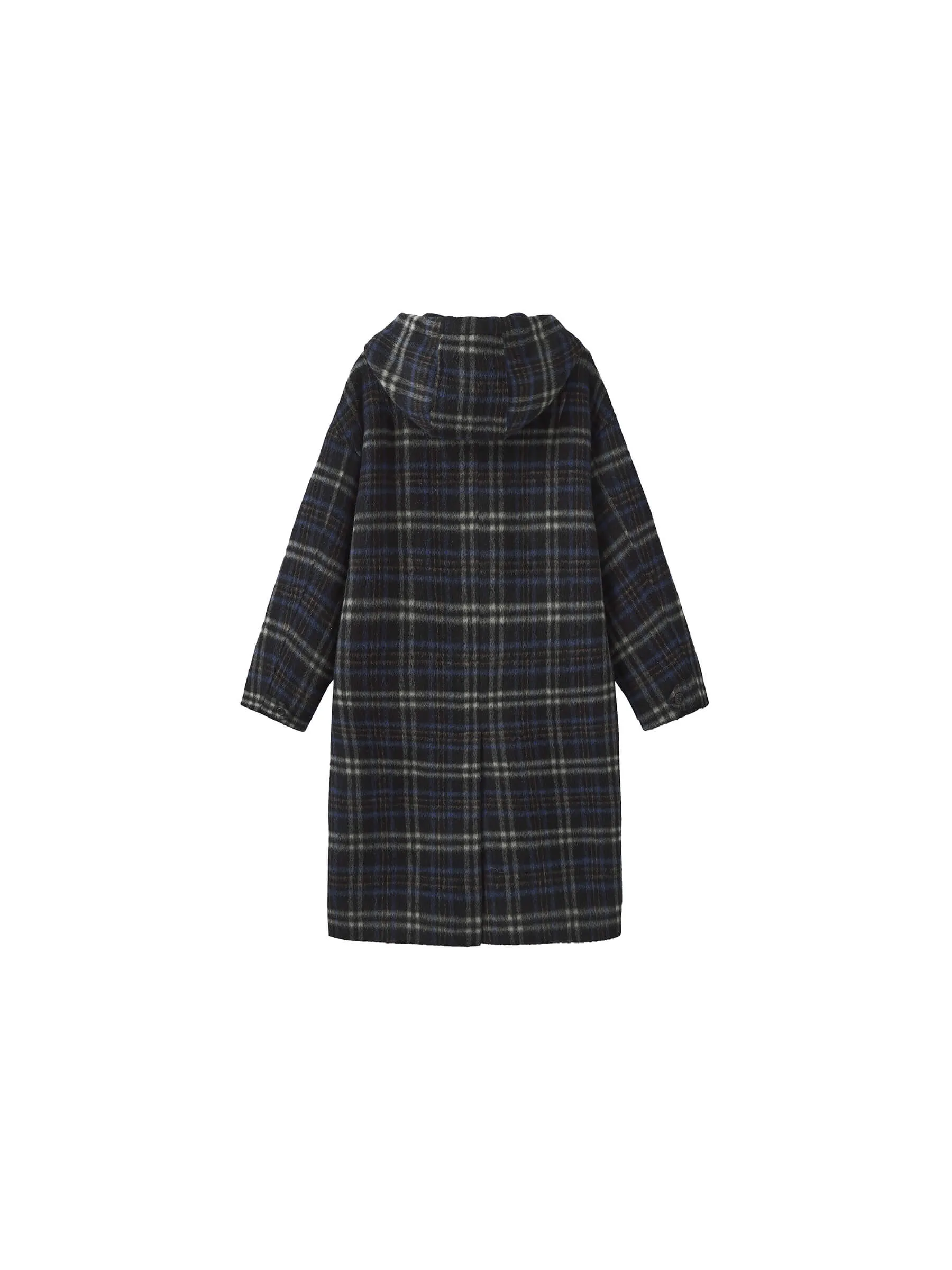 Checked Mid-length Wool Coat with Hood