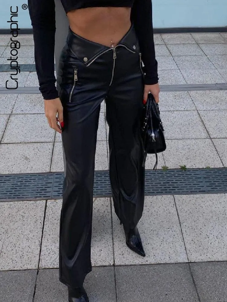 Chic Straight-Leg PU Leather Pants - High-Rise with Zip-Up Design, Perfect for Clubbing or Casual Wear