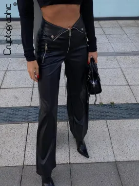 Chic Straight-Leg PU Leather Pants - High-Rise with Zip-Up Design, Perfect for Clubbing or Casual Wear