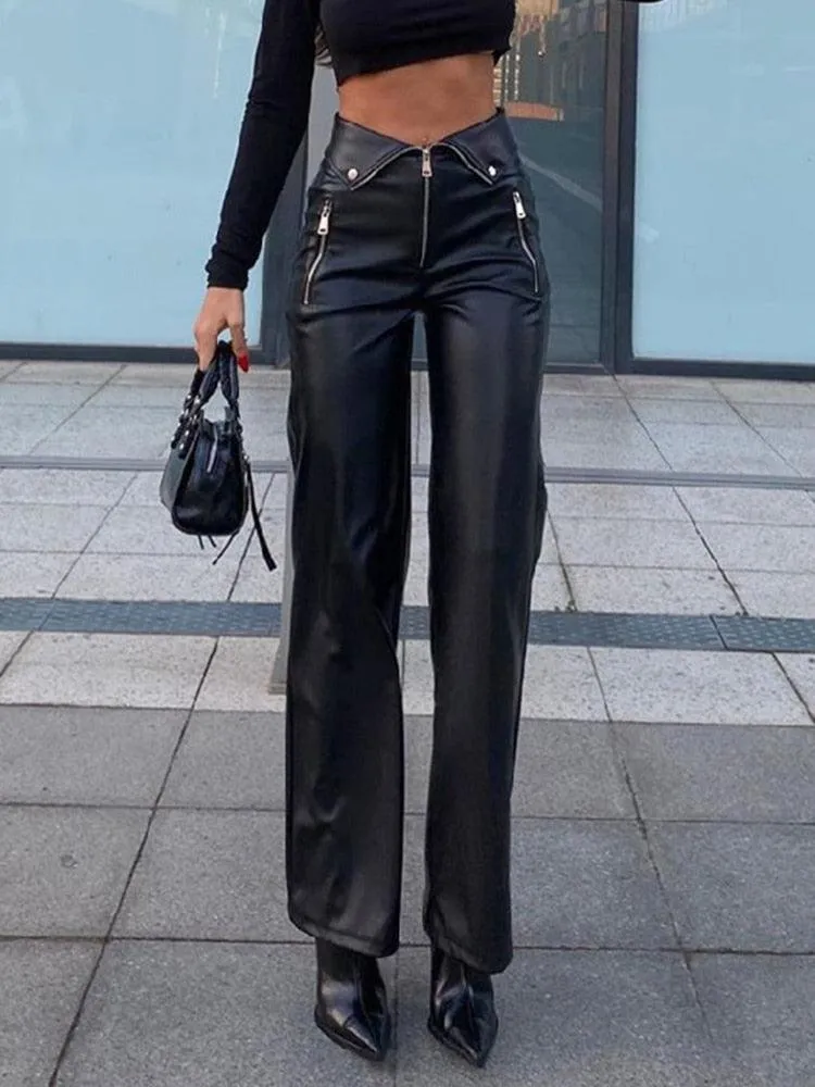 Chic Straight-Leg PU Leather Pants - High-Rise with Zip-Up Design, Perfect for Clubbing or Casual Wear