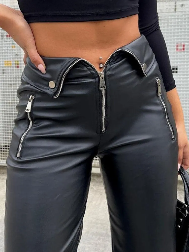 Chic Straight-Leg PU Leather Pants - High-Rise with Zip-Up Design, Perfect for Clubbing or Casual Wear