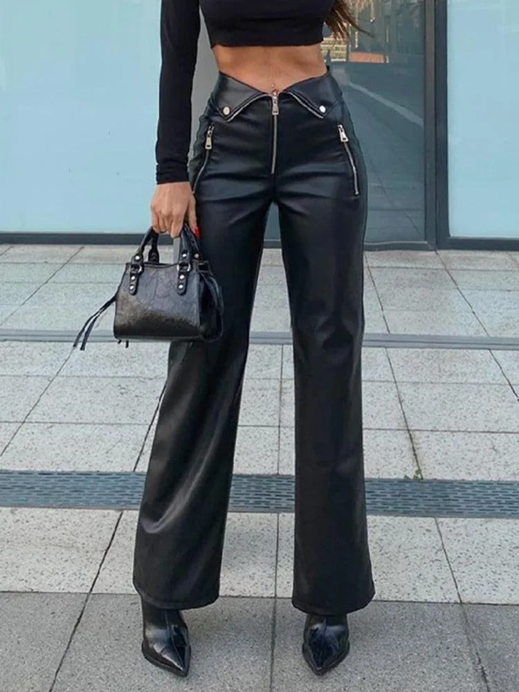 Chic Straight-Leg PU Leather Pants - High-Rise with Zip-Up Design, Perfect for Clubbing or Casual Wear