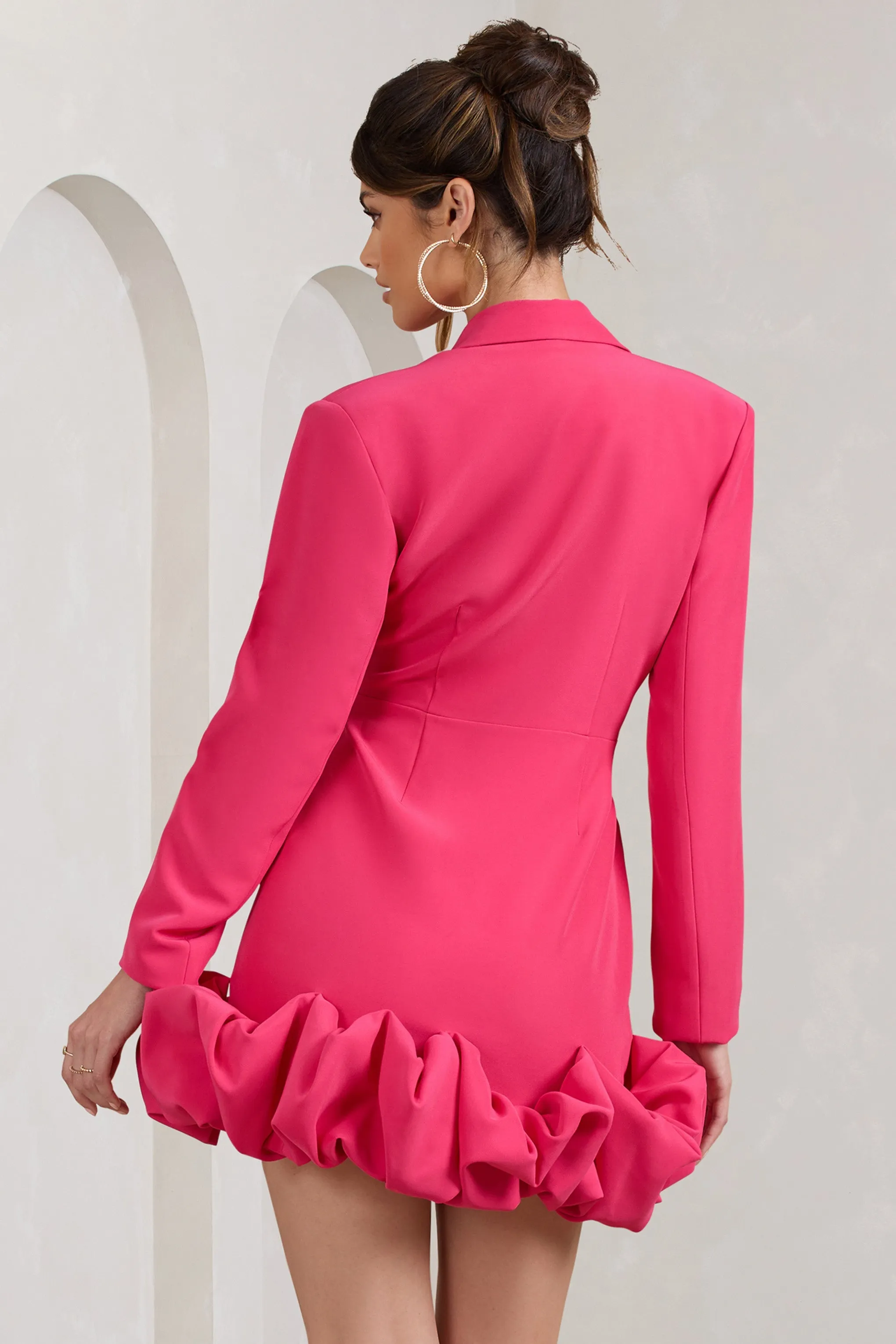 Cloud Catching | Hot Pink Tailored Blazer Mini Dress With Ruffled Hem