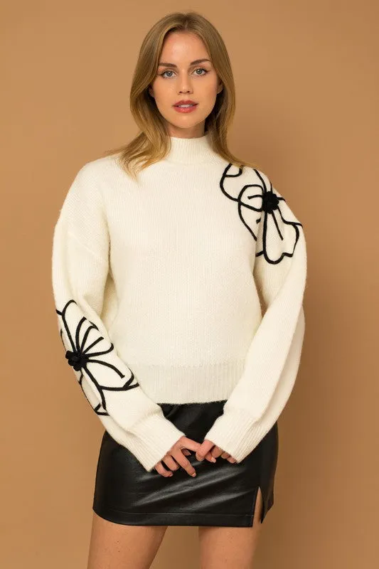 Cozy Flower Embroidery Mock Neck Sweater