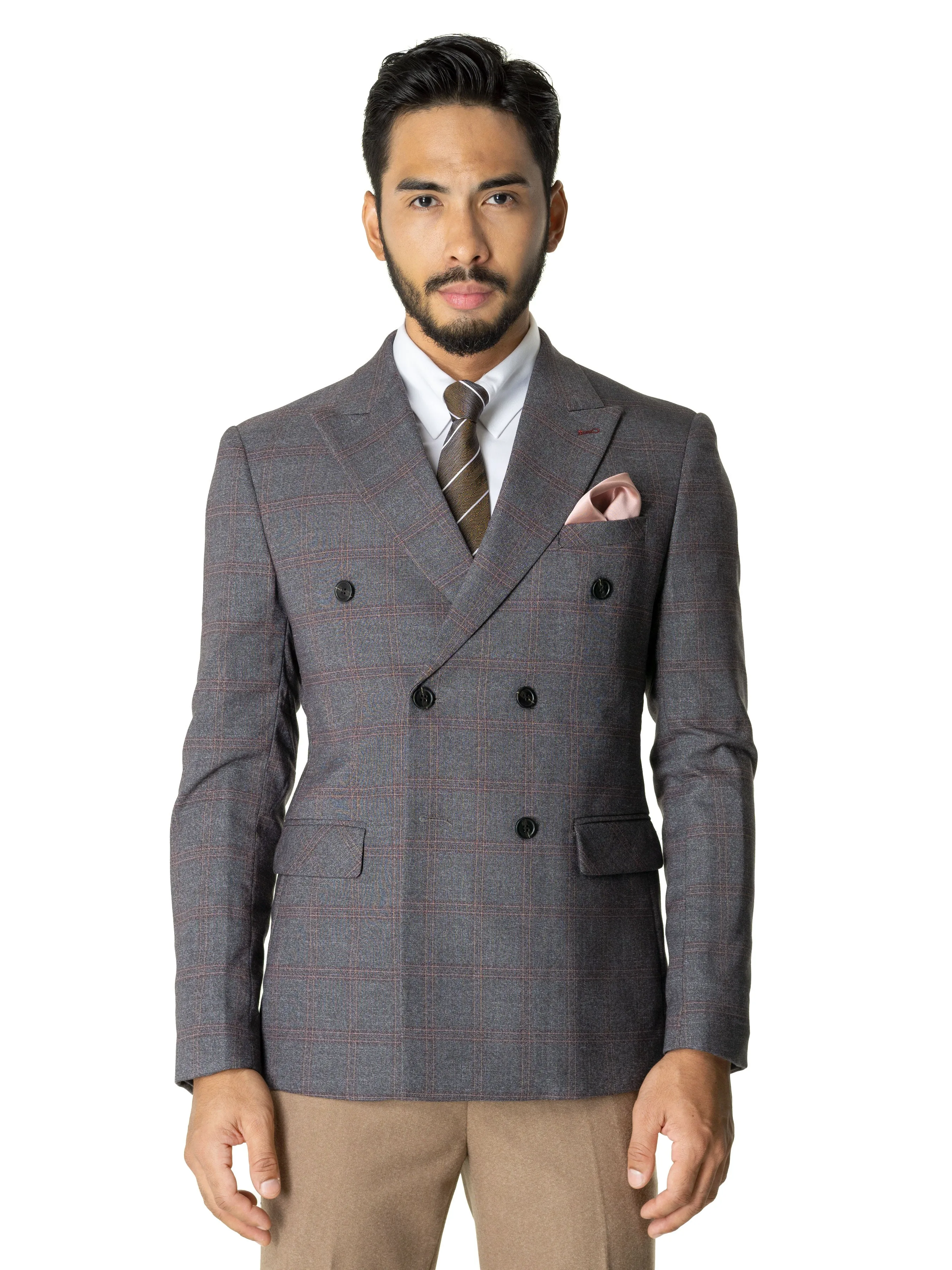 Double Breasted Suit Blazer - Dark Grey Checkered (Peak Lapel)