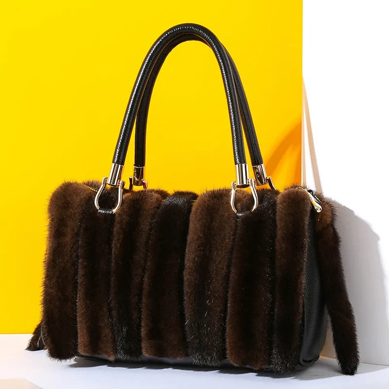 Fashion Ladies Fur Soft Zipper Casual Tote Messenger Handbags