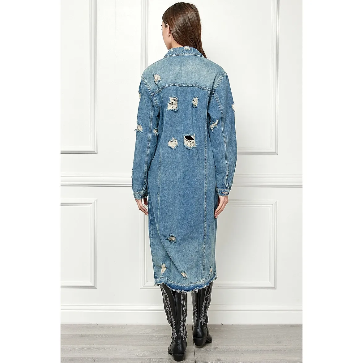 Jenny Distressed Light Wash Denim Long Jacket