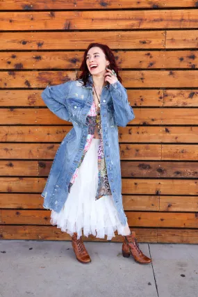 Jenny Distressed Light Wash Denim Long Jacket