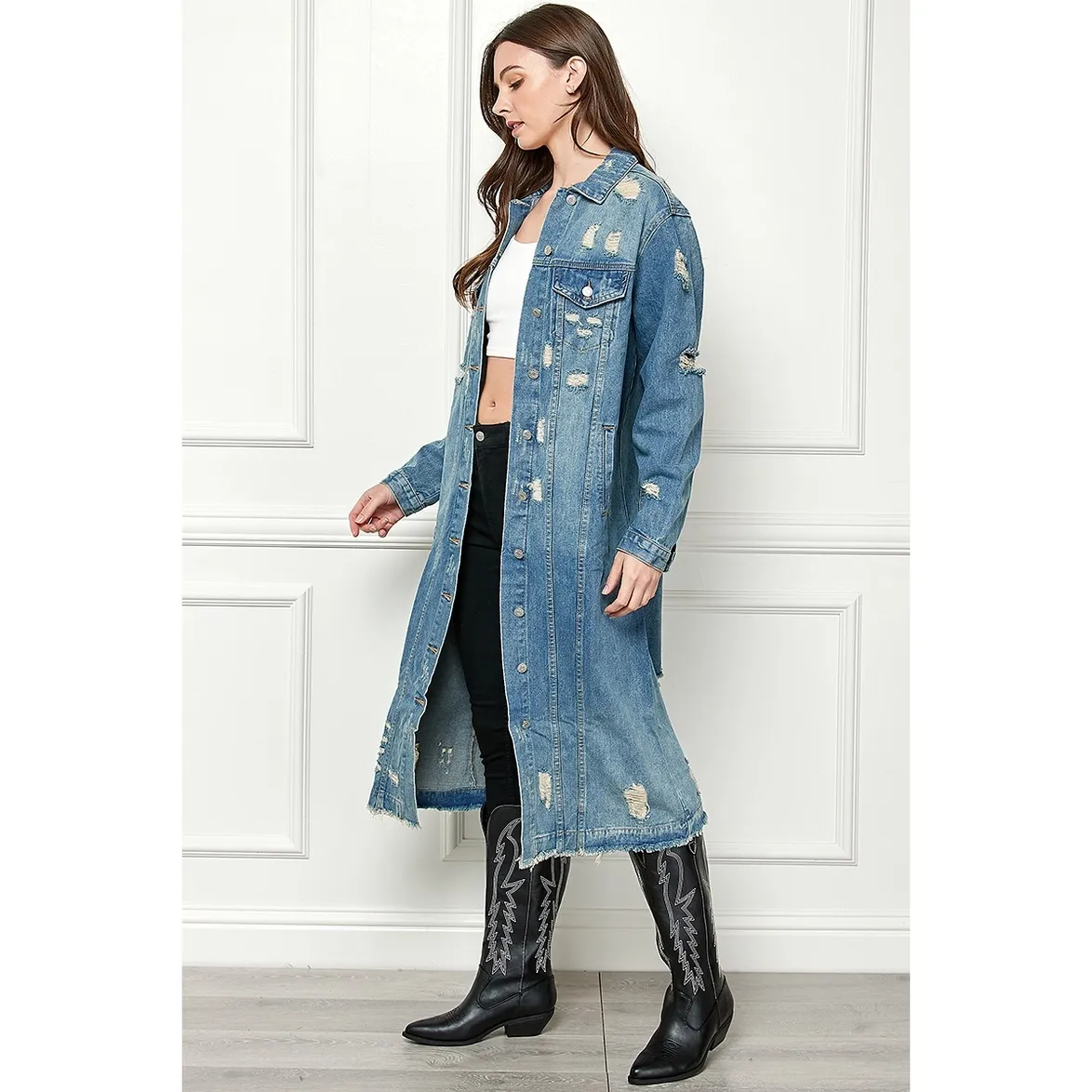 Jenny Distressed Light Wash Denim Long Jacket