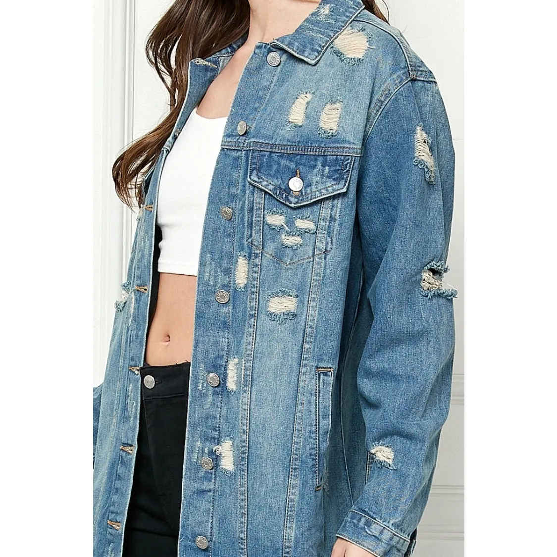 Jenny Distressed Light Wash Denim Long Jacket