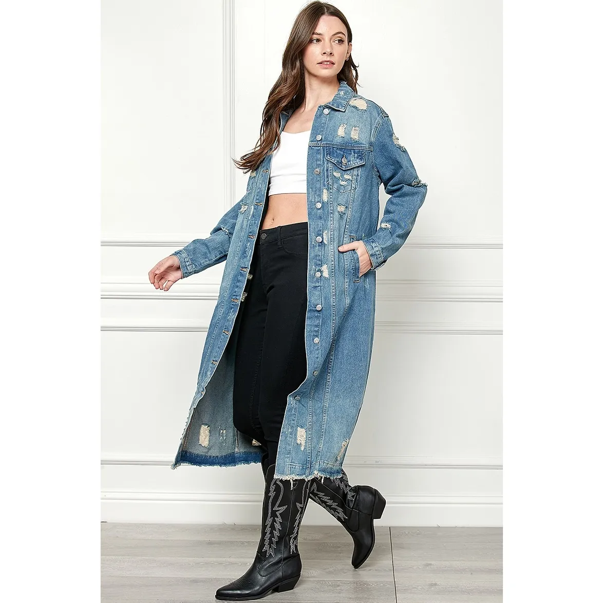 Jenny Distressed Light Wash Denim Long Jacket