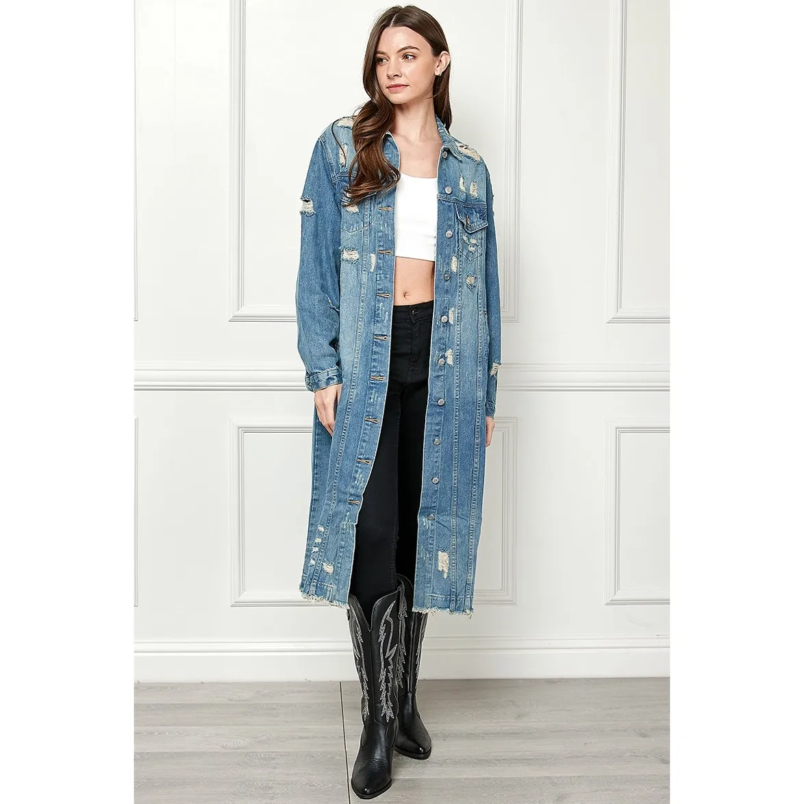 Jenny Distressed Light Wash Denim Long Jacket