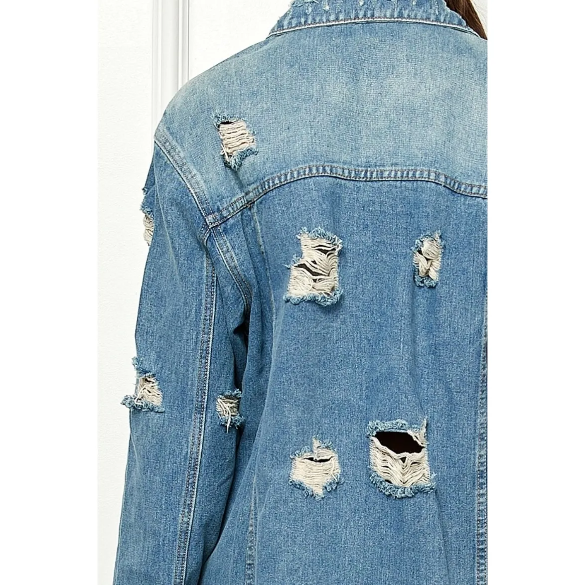 Jenny Distressed Light Wash Denim Long Jacket