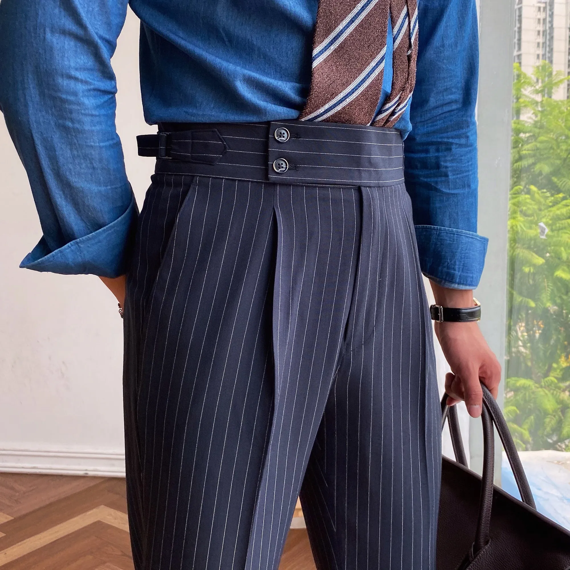 Men's British Fashion Striped Ankle Length Business Casual Pants