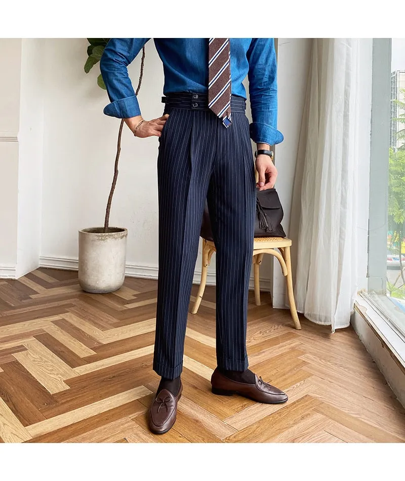 Men's British Fashion Striped Ankle Length Business Casual Pants