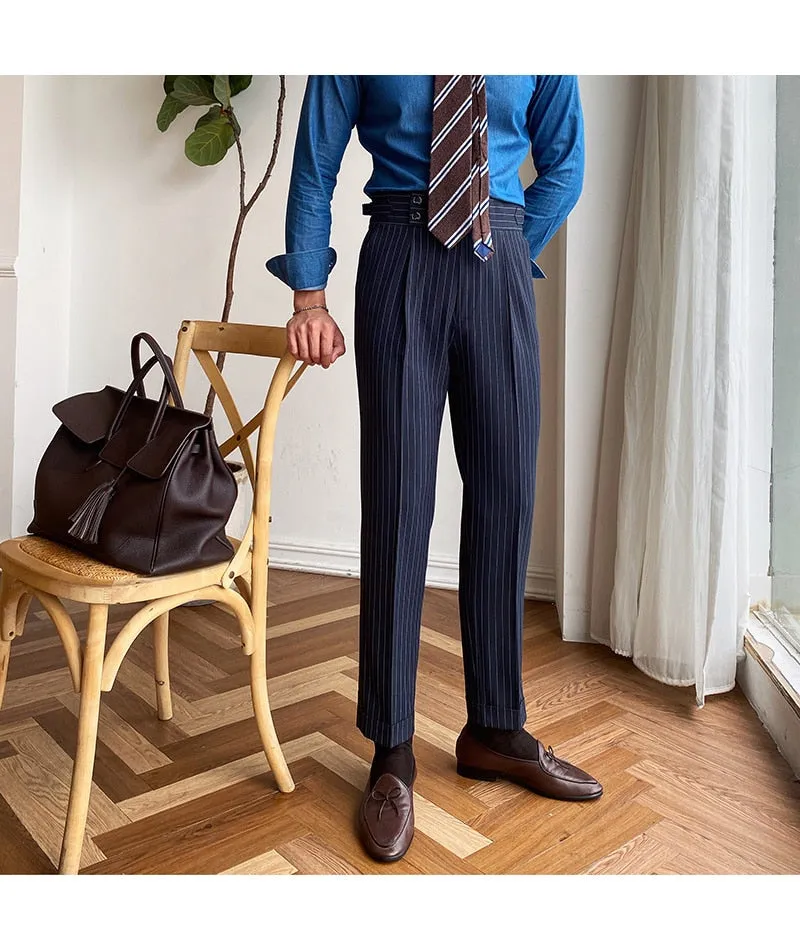 Men's British Fashion Striped Ankle Length Business Casual Pants