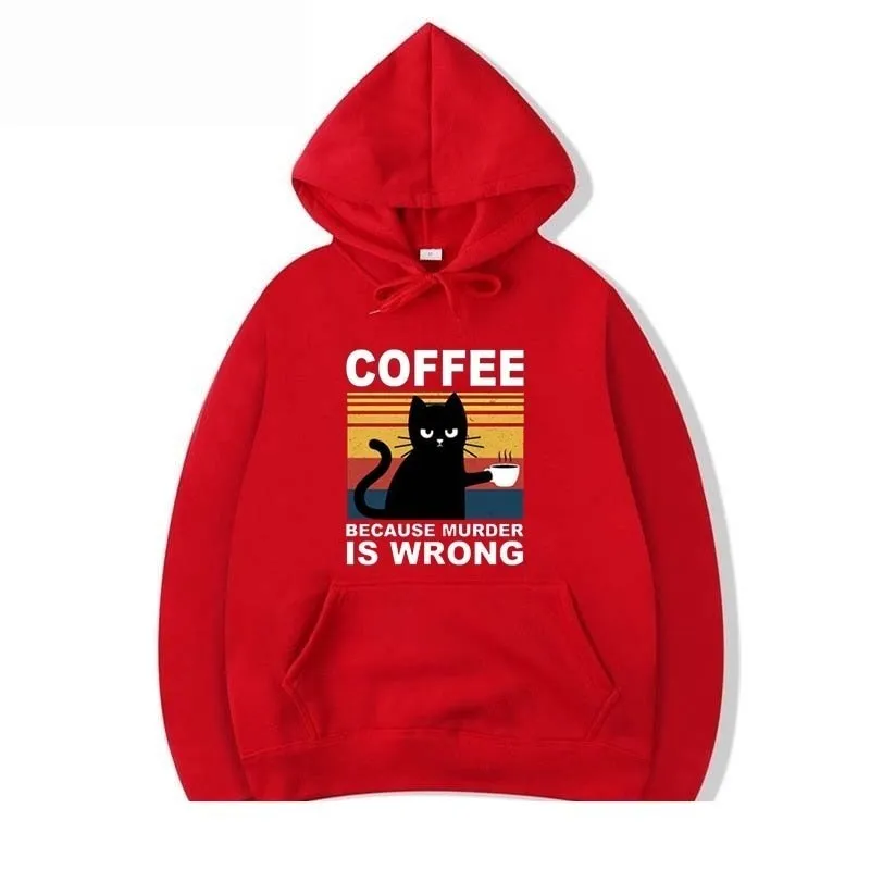 Men's Fashion Casual Winter Cat Drinking Coffee Printing Hoodies