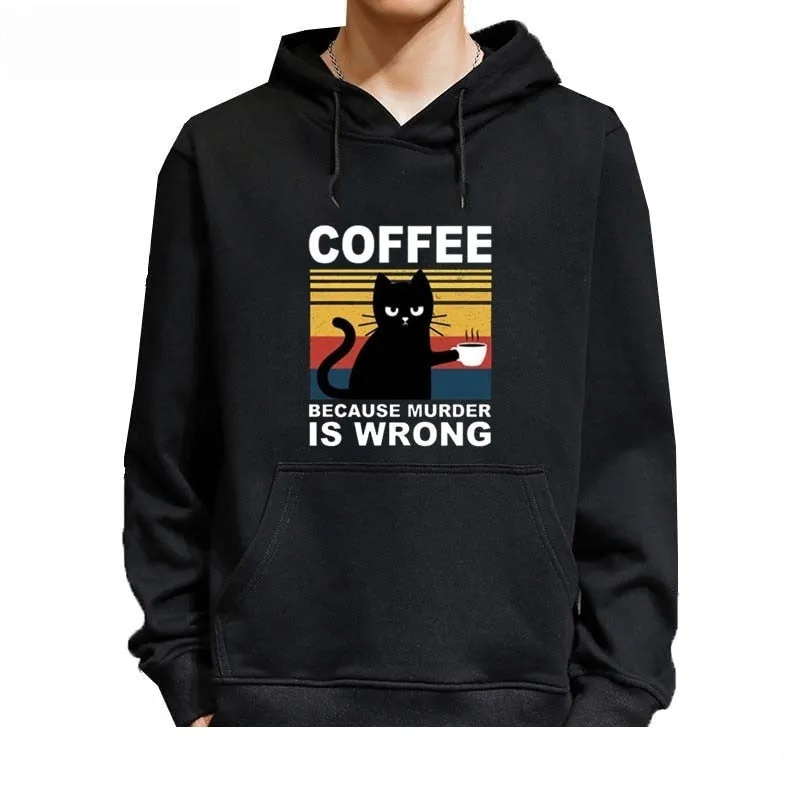 Men's Fashion Casual Winter Cat Drinking Coffee Printing Hoodies