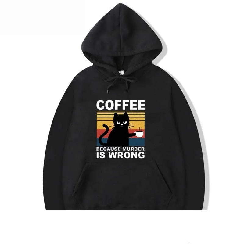 Men's Fashion Casual Winter Cat Drinking Coffee Printing Hoodies