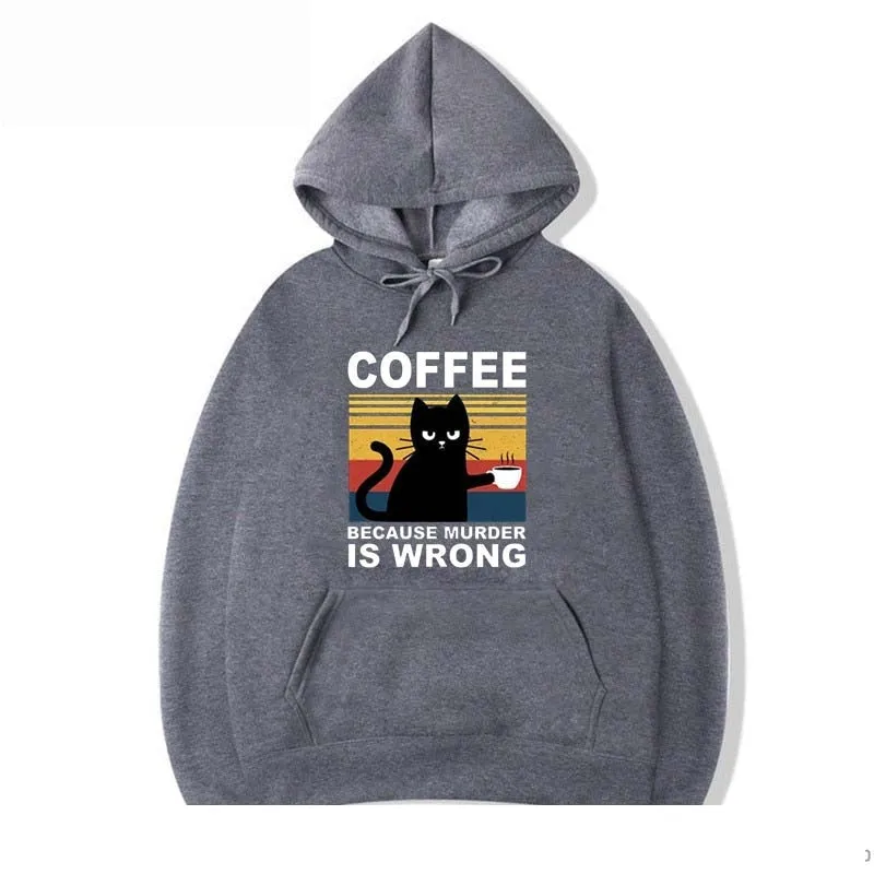 Men's Fashion Casual Winter Cat Drinking Coffee Printing Hoodies