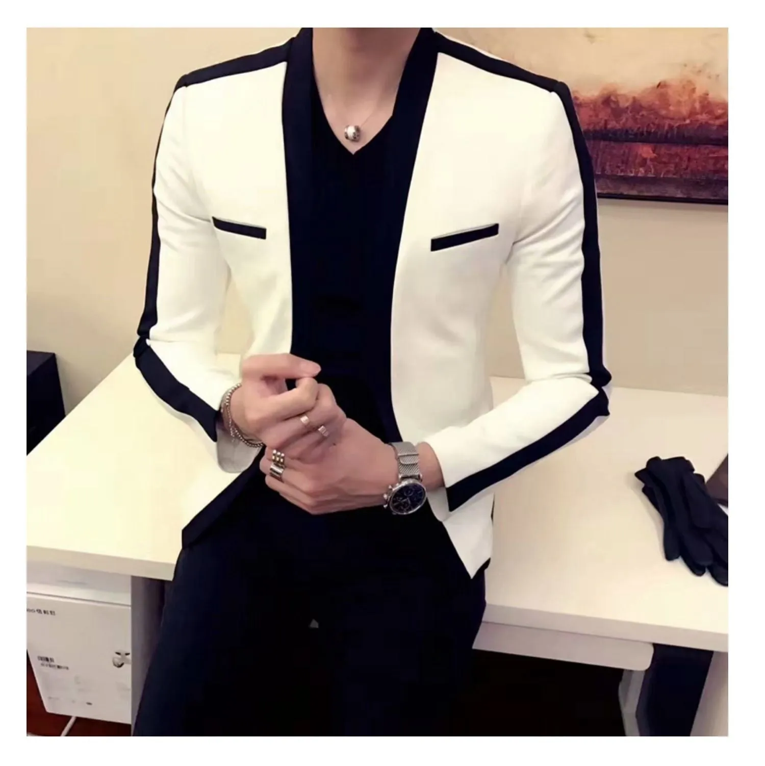 Men's Korean Version Contrast Color Single Breasted Slim Fit Blazer