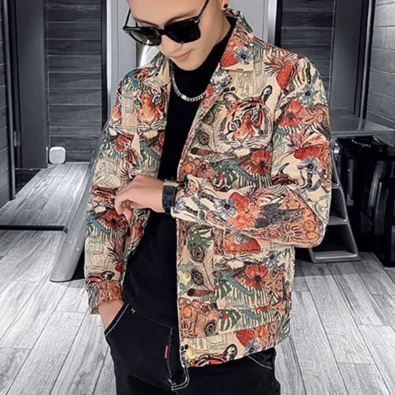 Men's Lapel Single-Breasted Slim Tiger Printed Casual Blazer Jacket