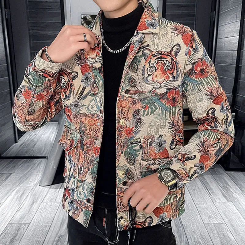 Men's Lapel Single-Breasted Slim Tiger Printed Casual Blazer Jacket